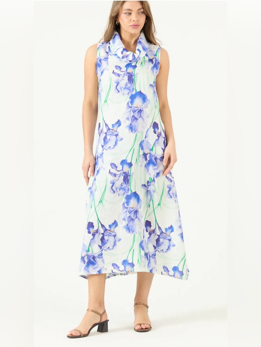 Privilege Linen Sleeveless White Blue Floral Cowl Neckline Midi Dress SZ Large